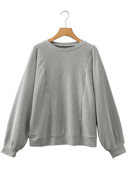 Gray Ribbed Knit Round Neck Long Lantern Sleeve Top
