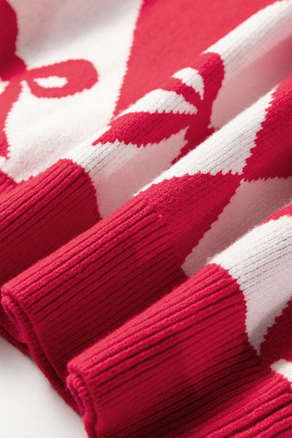 Red Bow Print 2-tone Rhombus Knit Loose Sweater