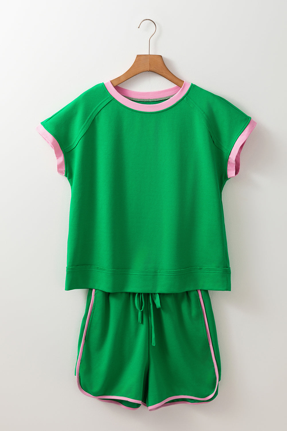 Bright Green Two Tone Contrast Textured Crewneck Tee and Shorts Set