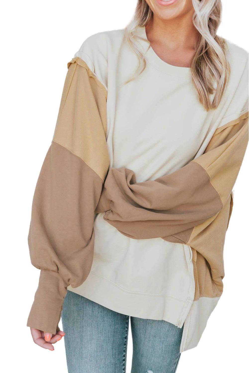 Khaki Color Block Sleeve Patchwork Oversized Sweatshirt - L & M Kee, LLC