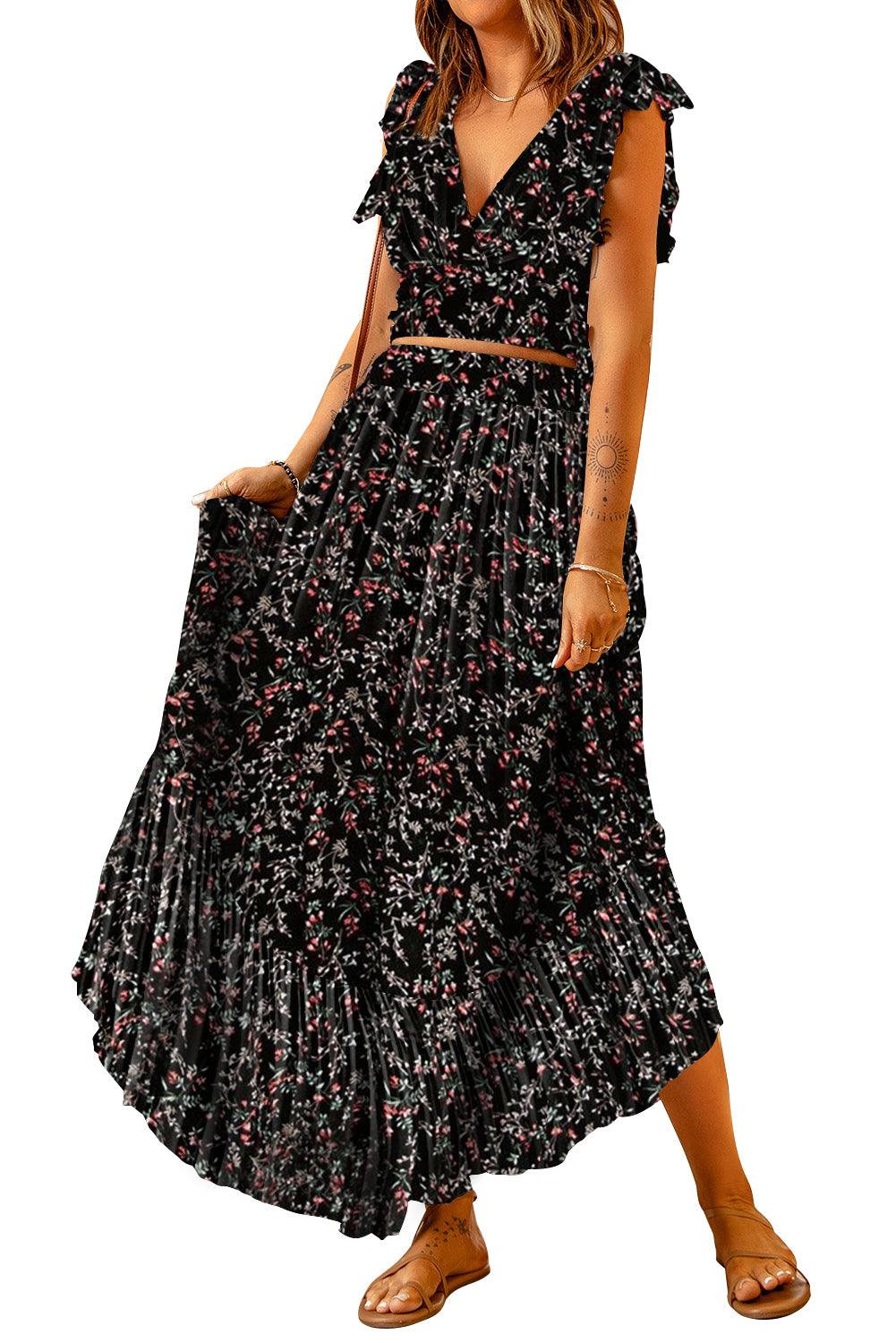 Multicolor Floral Ruffled Crop Top and Maxi Skirt Set - L & M Kee, LLC