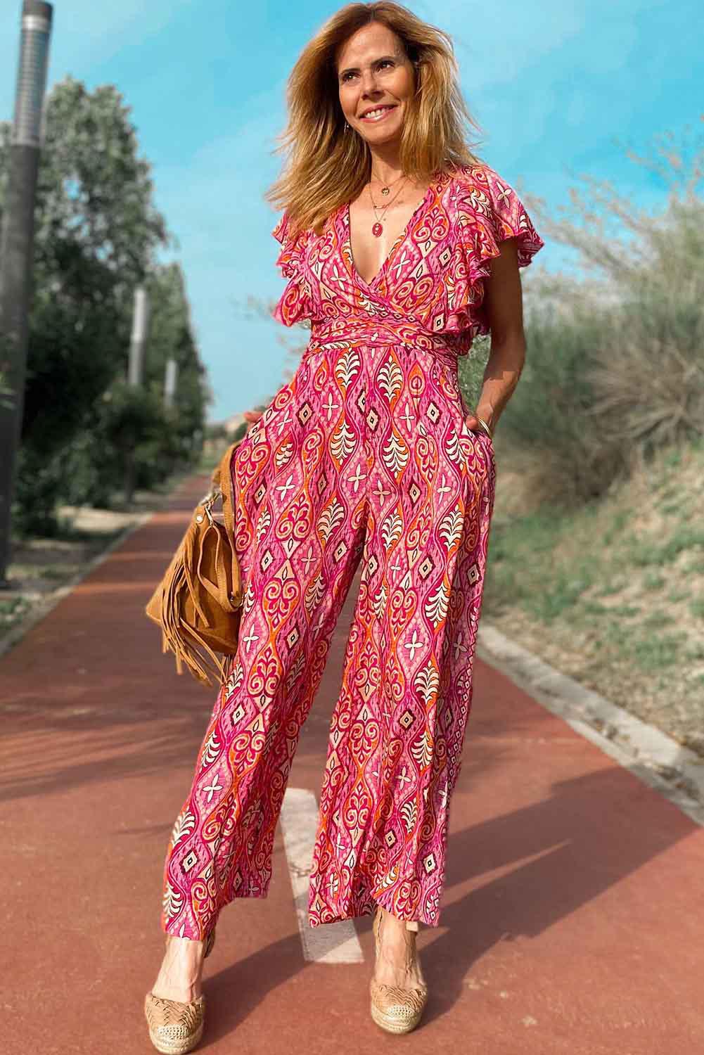 Printed V Neck Button Open Back Wide Leg Jumpsuit - L & M Kee, LLC