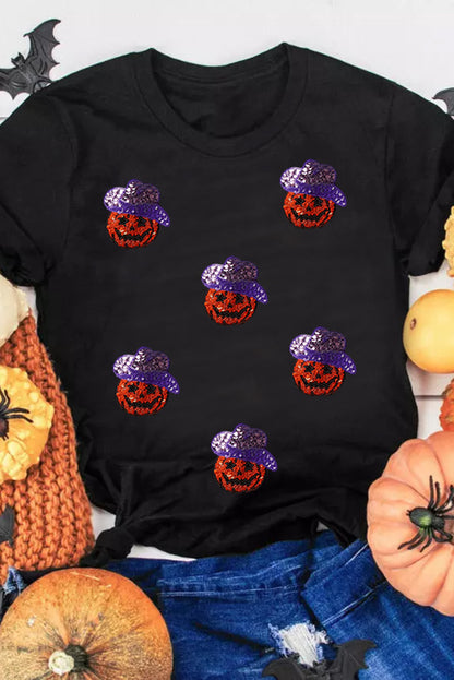 Black Sequin Hat Pumpkin Graphic Crewneck Halloween T Shirt