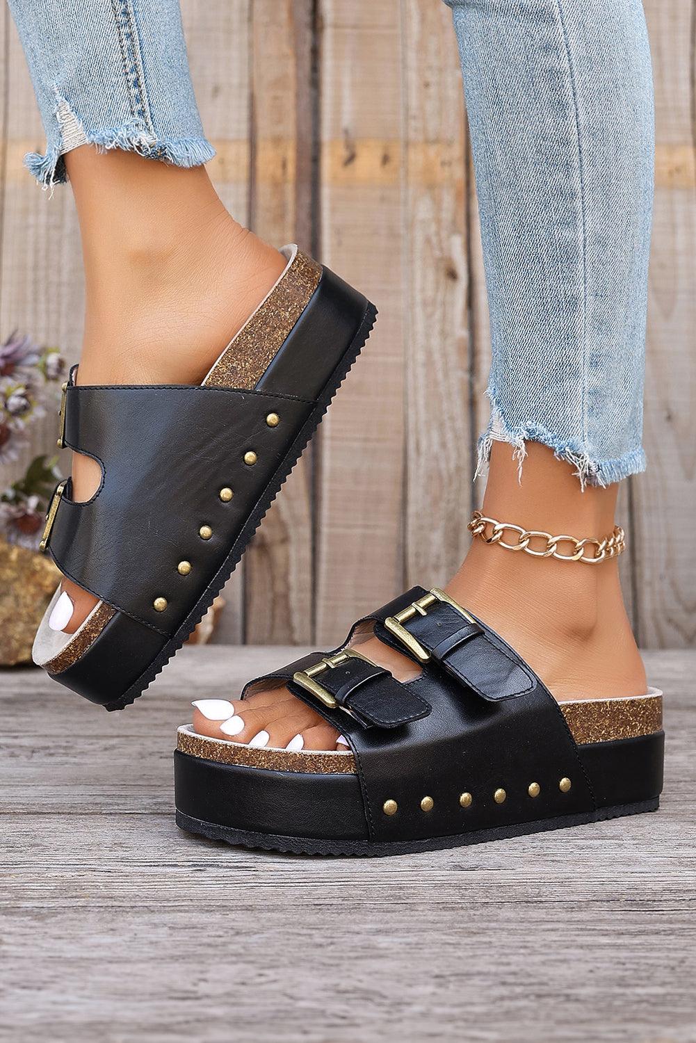 Black Dual Buckle Studded Platform Sandal Slippers - L & M Kee, LLC