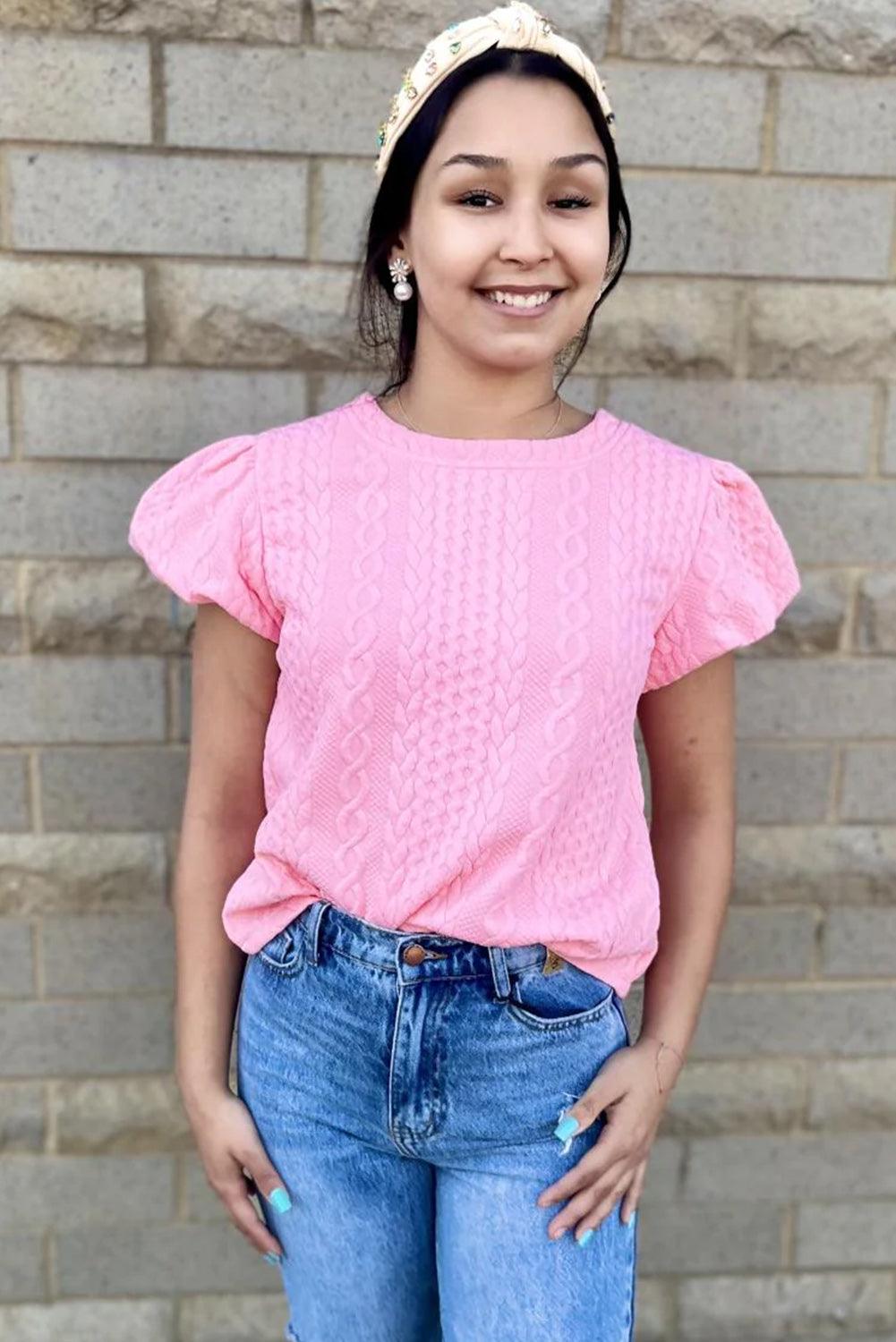 Pink Textured Puff Sleeve T Shirt - L & M Kee, LLC