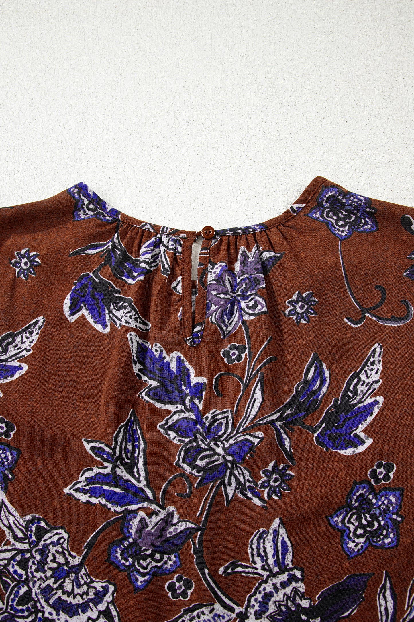 Brown Autumn Floral Print Smocked Cuffs Shift Blouse