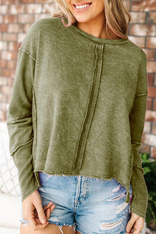 Green Exposed Seamed High Low Raw Edge Sweatshirt - L & M Kee, LLC