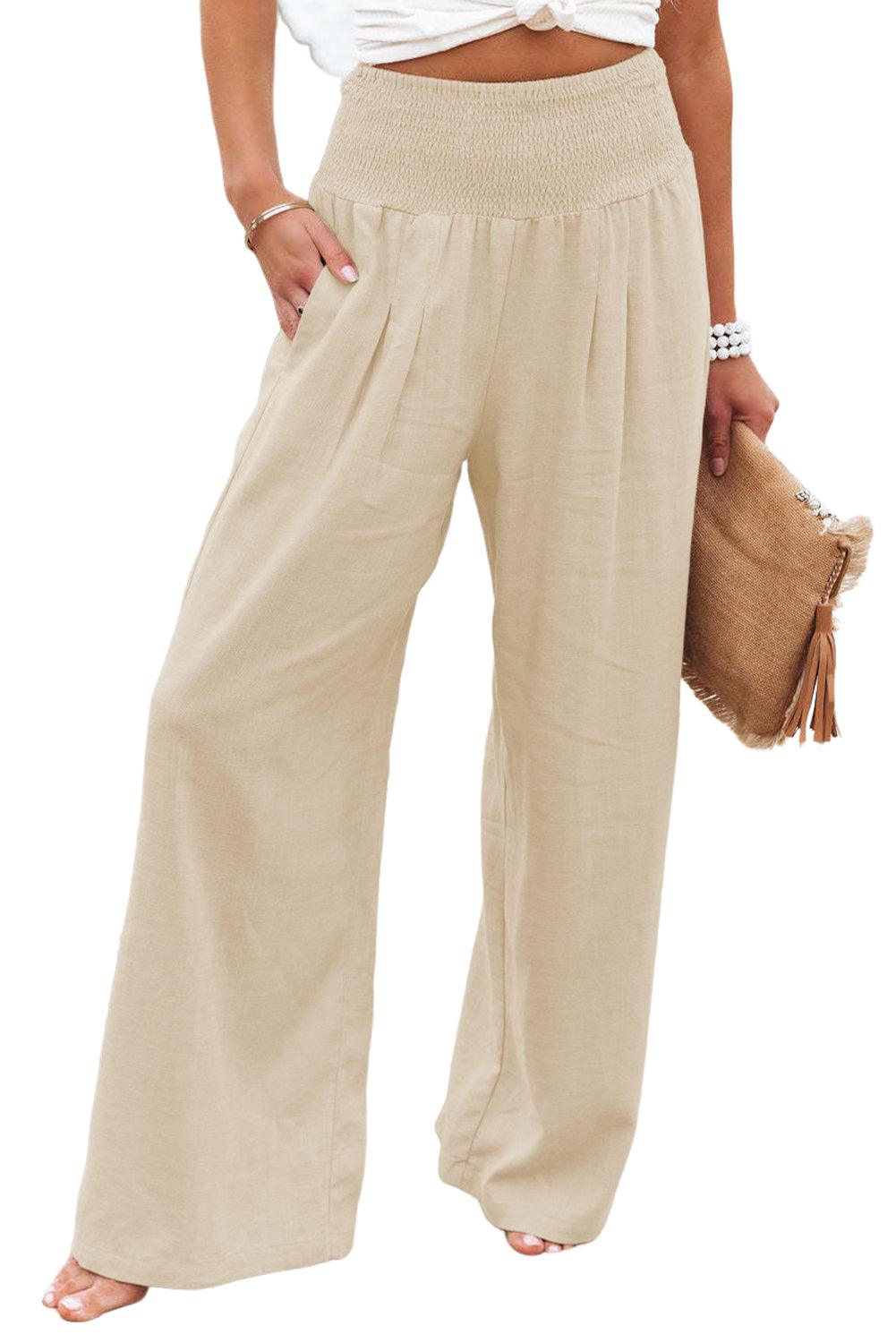 Khaki Smocked Wide Waistband High Waist Wide Leg Pants - L & M Kee, LLC