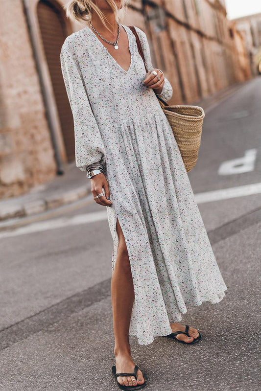 Multicolor Printed Tie V Neck Loose Long Sleeve Split Dress - L & M Kee, LLC