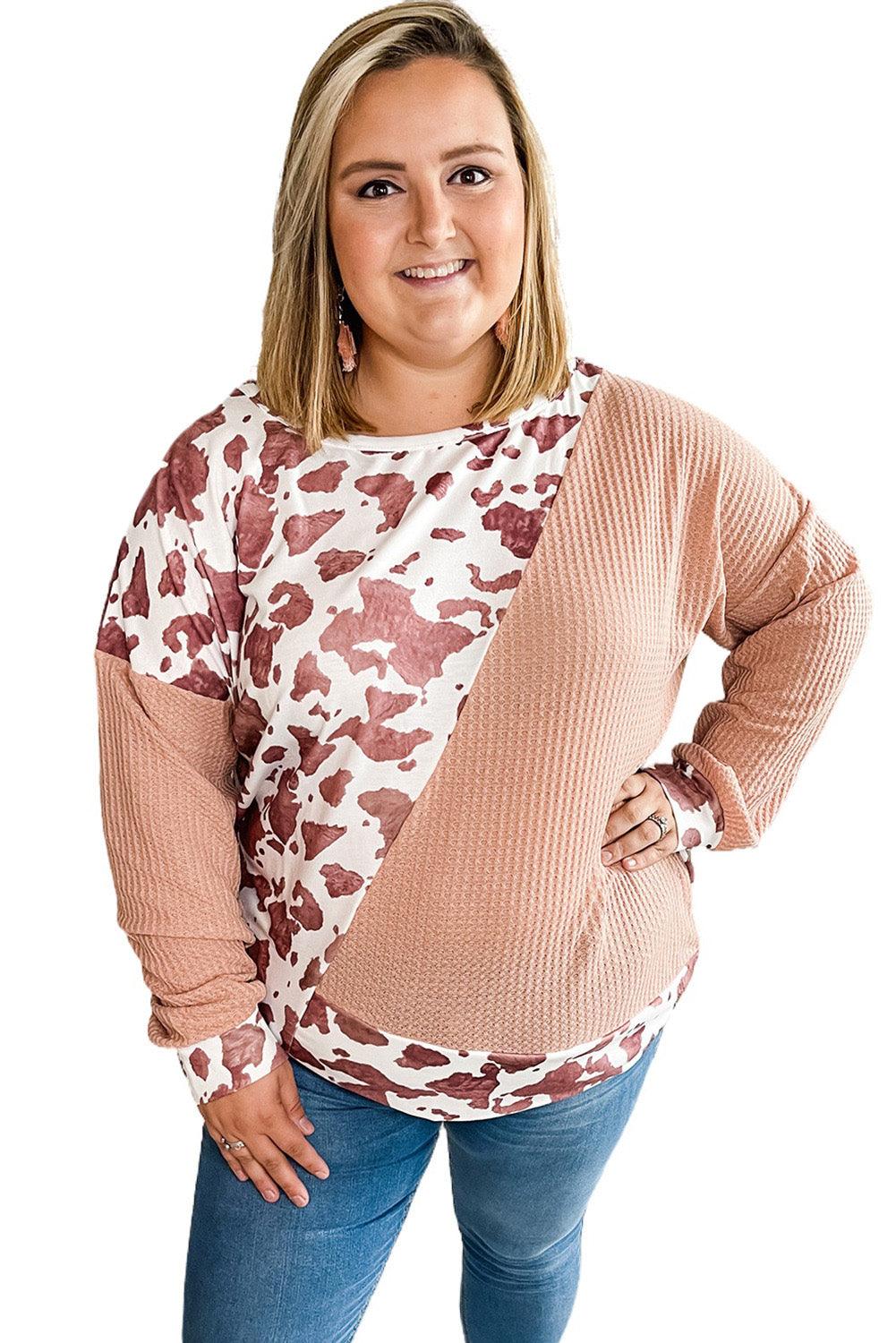 Pink Cow Spots Colorblock Long Sleeve Plus Size Top - L & M Kee, LLC