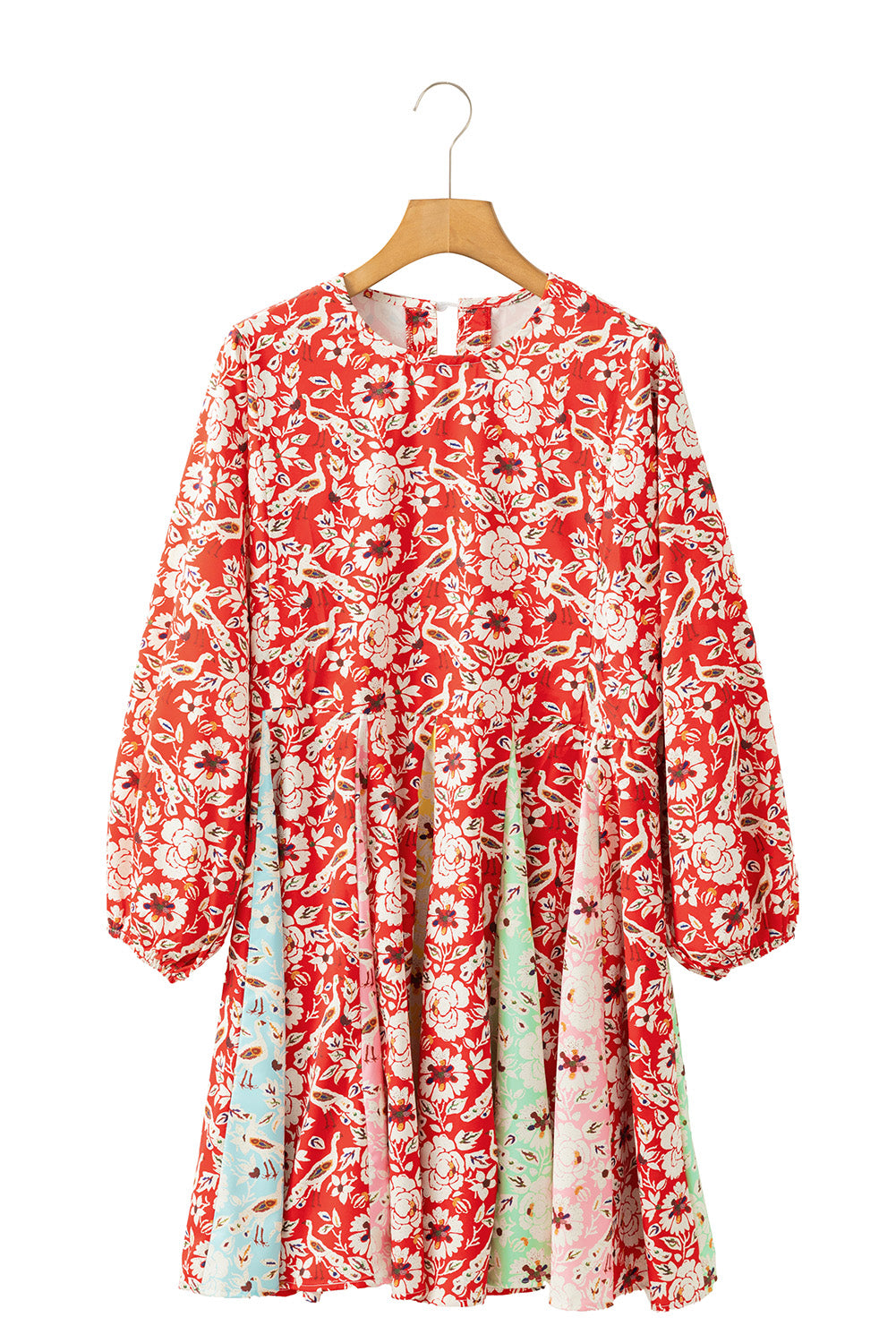 Red Colorful Floral Patchwork Long Sleeve Pleated Mini Dress