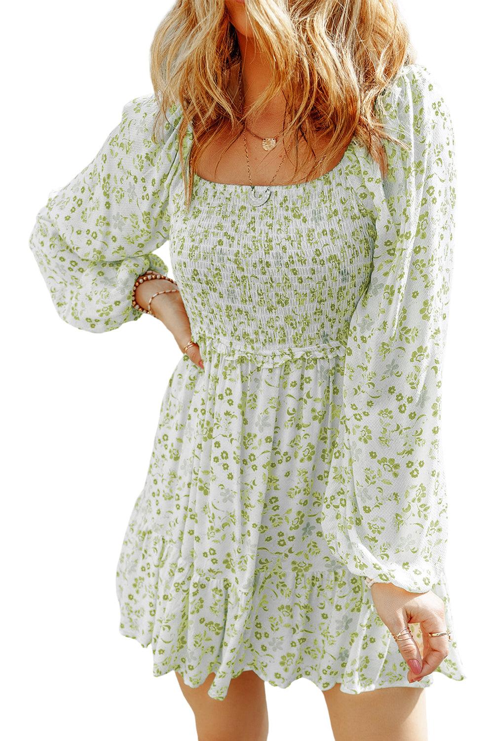 Pear Green Boho Floral Smocked Puff Sleeve Mini Dress - L & M Kee, LLC