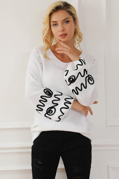 White Abstract Crochet Bubble Sleeve Loose Sweater - L & M Kee, LLC