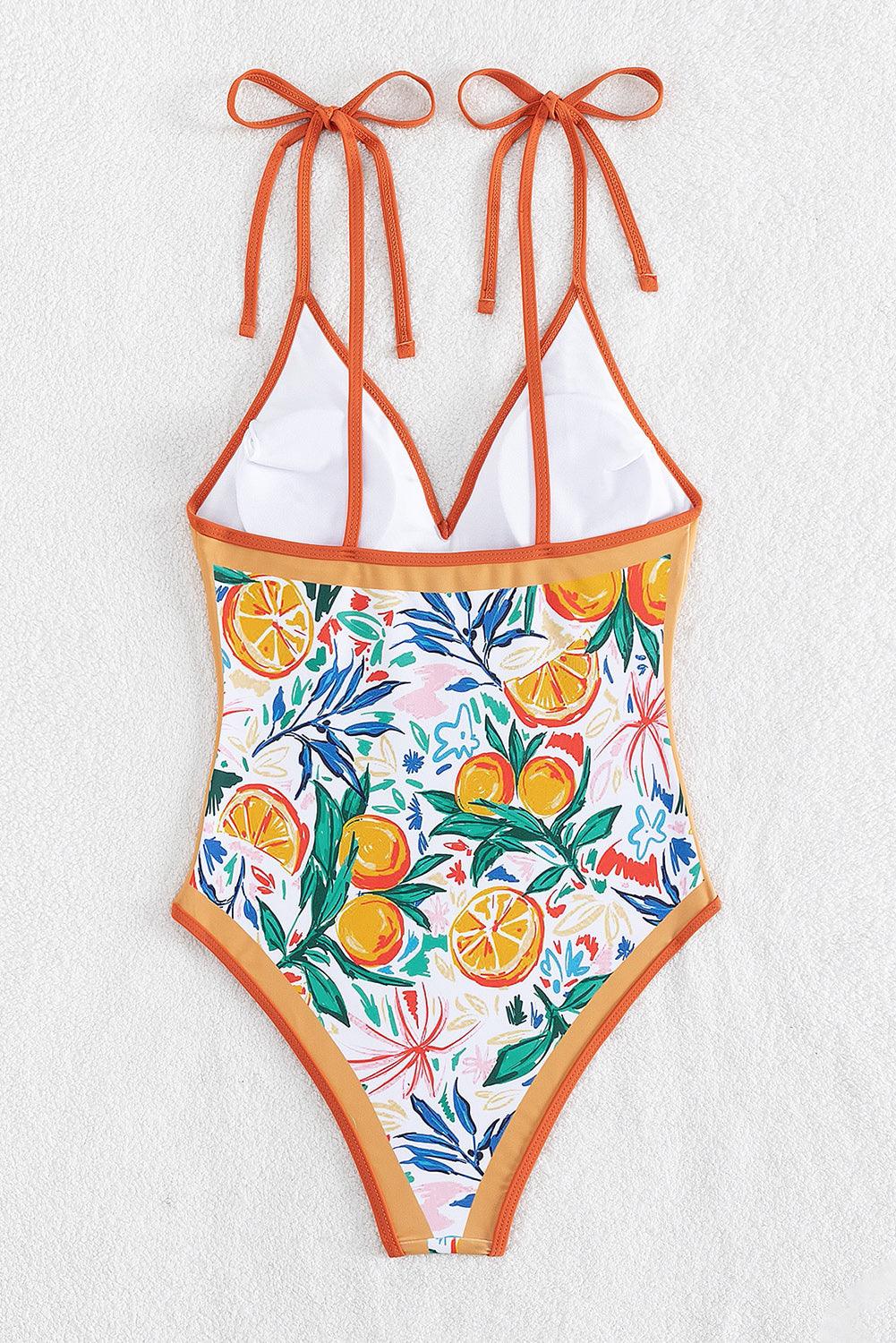 Orange Fruit Plant Print Tied Straps V Neck One Piece Swimsuit - L & M Kee, LLC