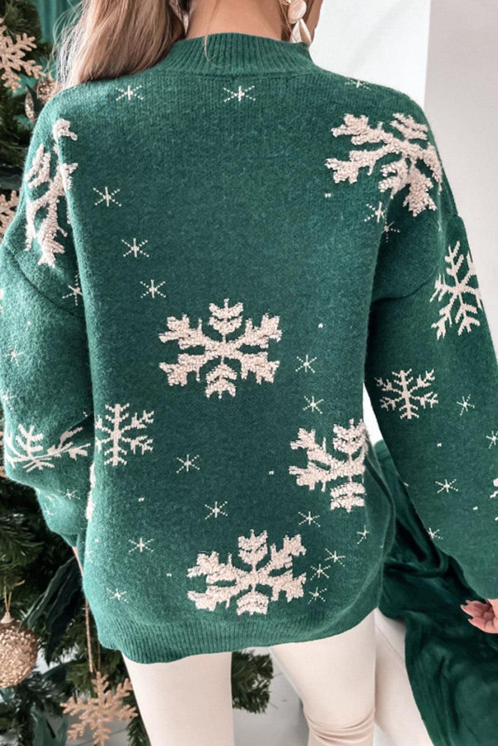 Blackish Green Christmas Snowflake Mock Neck Sweater - L & M Kee, LLC