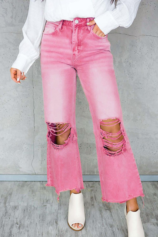 Peach Blossom Distressed Hollow-out High Waist Cropped Flare Jeans - L & M Kee, LLC
