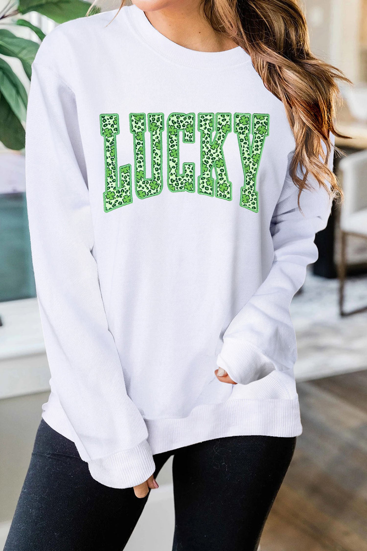 White Leopard Cover LUCKY Embroidered Patch Graphic Sweatshirt