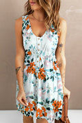 White Gray Floral Printed Sleeveless Button Up High Waist Mini Dress
