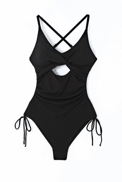 Black Ribbed Sexy Cutout Ruched Monokini - L & M Kee, LLC