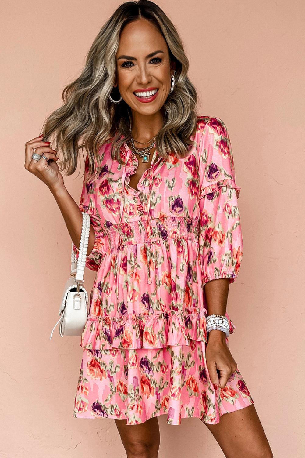 Pink Abstract Print Frilled Smocked High Waist Mini Dress - L & M Kee, LLC