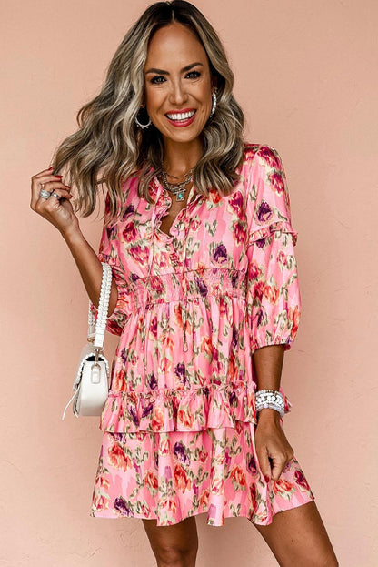 Pink Abstract Print Frilled Smocked High Waist Mini Dress - L & M Kee, LLC