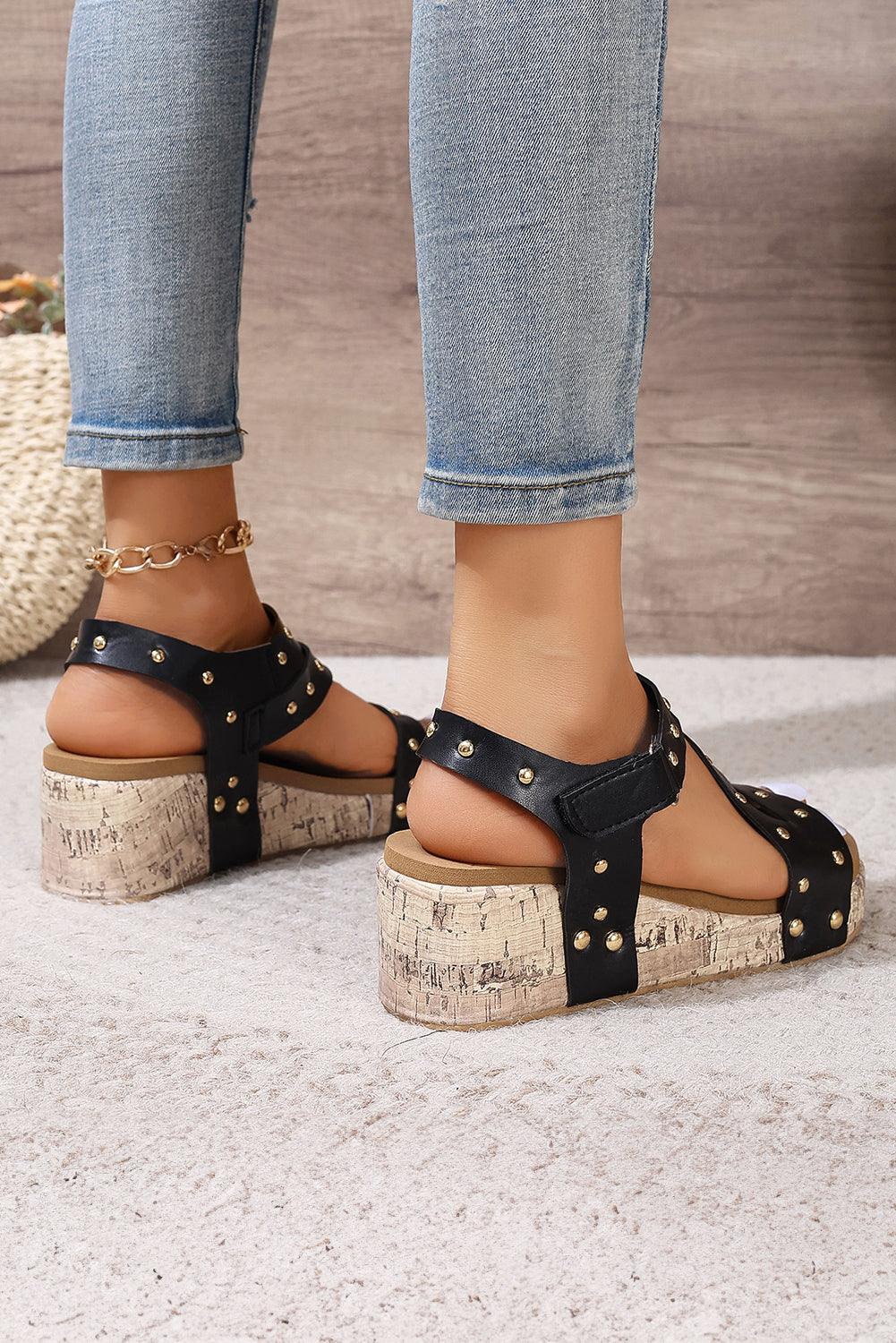 Black Rivet Hollow Out Leather Wedge Sandals - L & M Kee, LLC