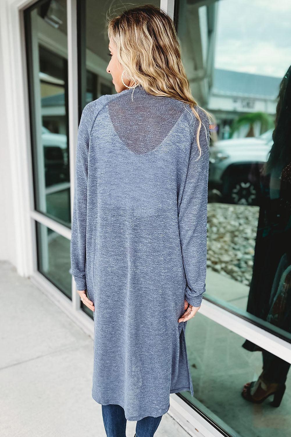 Blue Slub Knit Pocketed Open Front Maxi Cardigan - L & M Kee, LLC