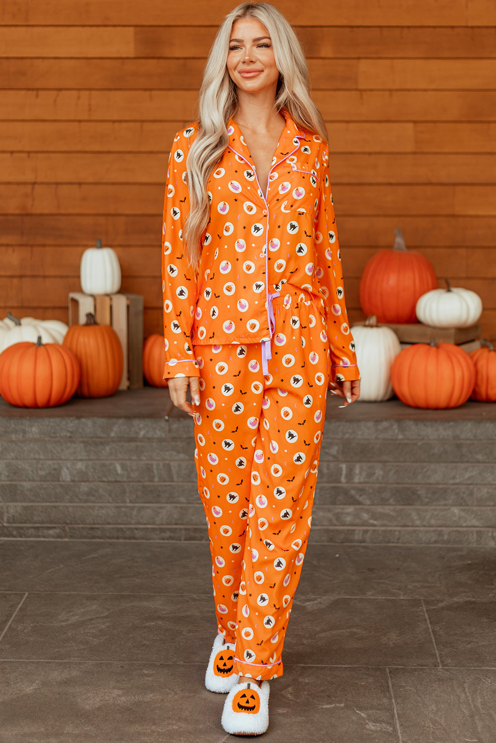 Orange Halloween Print Lapel Shirt Long 2pcs Pajama Set