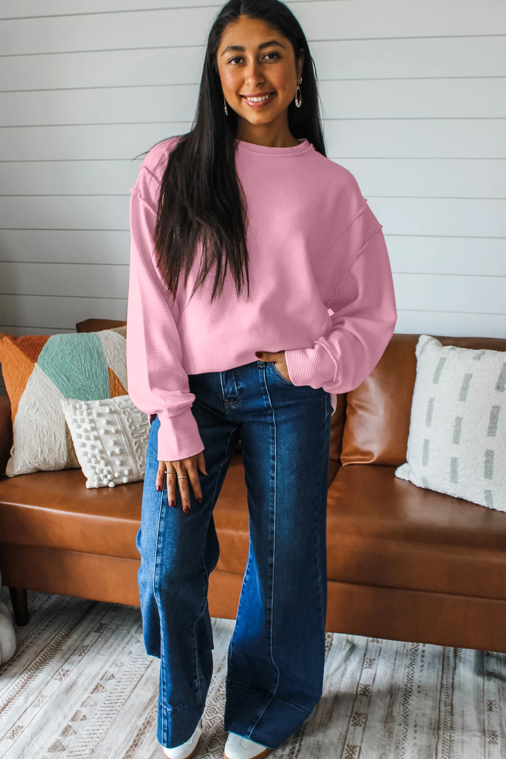 Pink Horizontal Ribbed Exposed Seam Detail Drop Shoulder Baggy Pullover