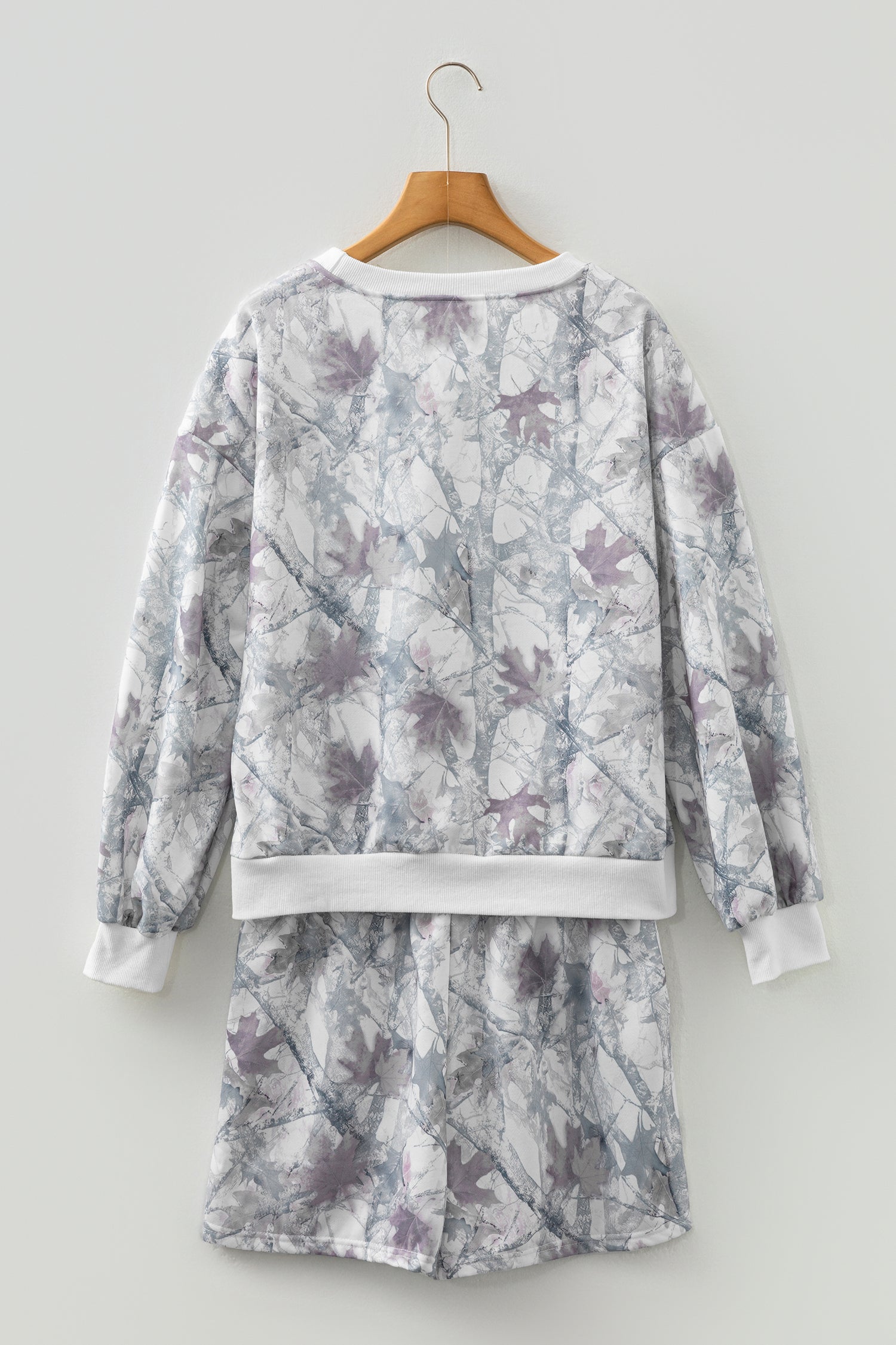 Light Grey Abstract Woodland Camo Print Baggy Pullover Drawstring Shorts Set