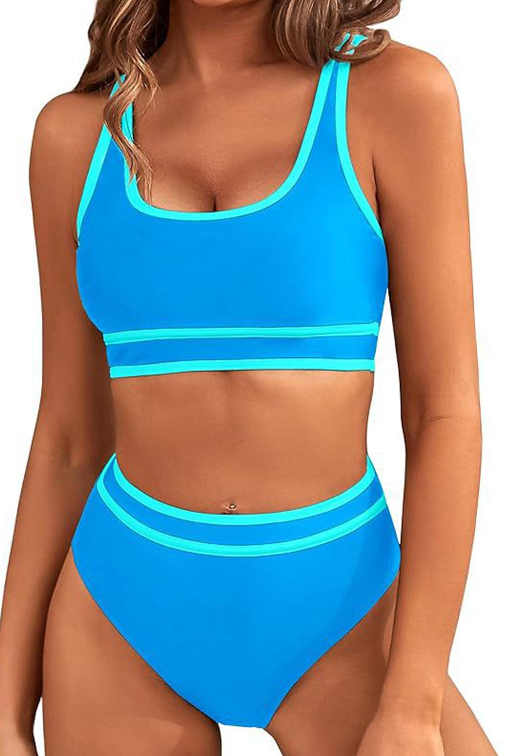 Light Blue Contrast Trimmed U Neck High Waist Bikini - L & M Kee, LLC