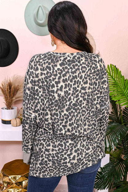 Leopard Plus Size Waffle Knit Patchwork Long Sleeve Henley Top - L & M Kee, LLC