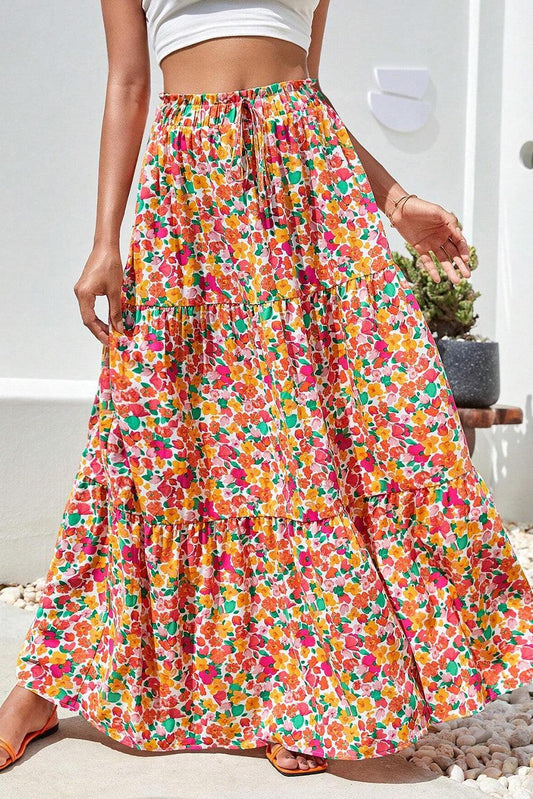 Yellow Boho Floral Print Tiered Long Skirt - L & M Kee, LLC