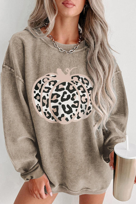 Khaki Leopard Halloween Pumpkin Graphic Corded Sweatshirt - L & M Kee, LLC