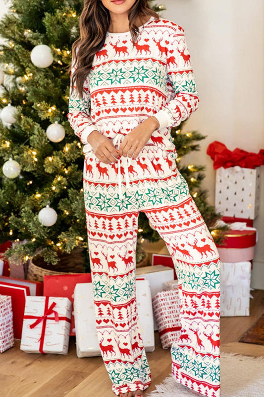 Bright White Christmas Print Pullover and Pants Lounge Set - L & M Kee, LLC