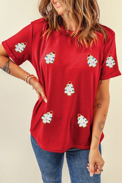 Red Christmas Tree Patched Pattern Crew Neck T Shirt