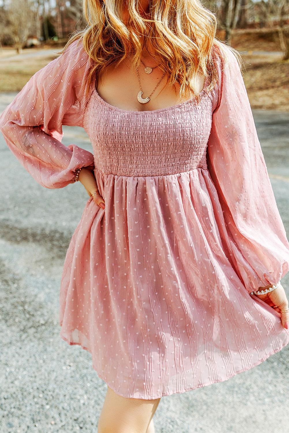 Pink Swiss Dot Smocked Puff Sleeve Mini Dress - L & M Kee, LLC