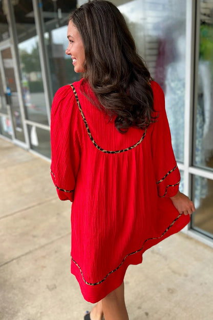 Fiery Red Textured V Neck Leopard Contrasted Trim Long Sleeve Shift Mini Dress