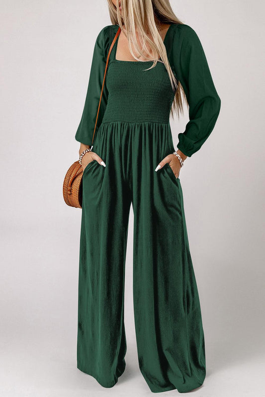 Green Smocked Square Neck Long Sleeve Wide Leg Jumpsuit - L & M Kee, LLC