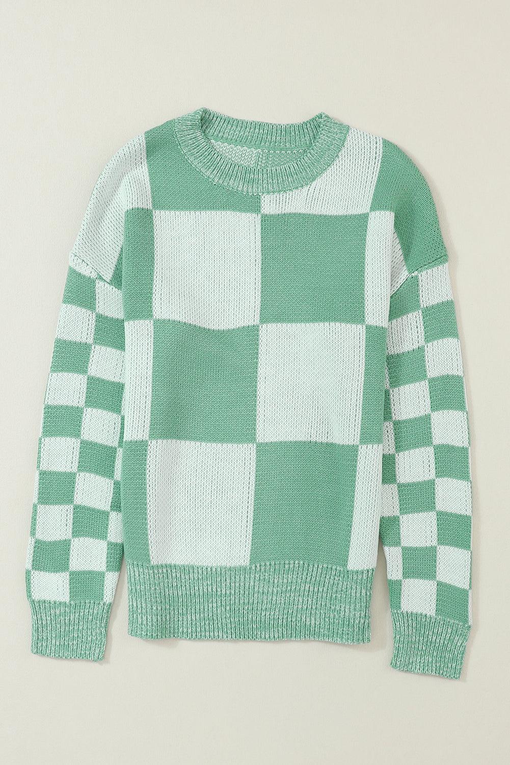 Mint Green Checkered Print Drop Shoulder Sweater - L & M Kee, LLC