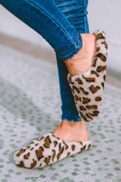 Camel Leopard Print Fuzzy Home Slippers - L & M Kee, LLC