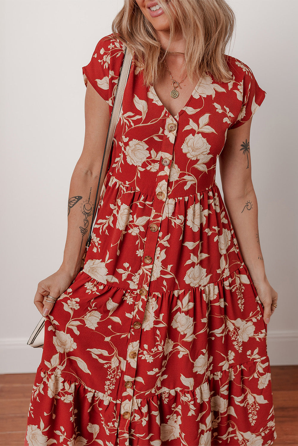 Red Floral Print Buttoned Front V Neck Tiered Short Sleeve Midi Dress