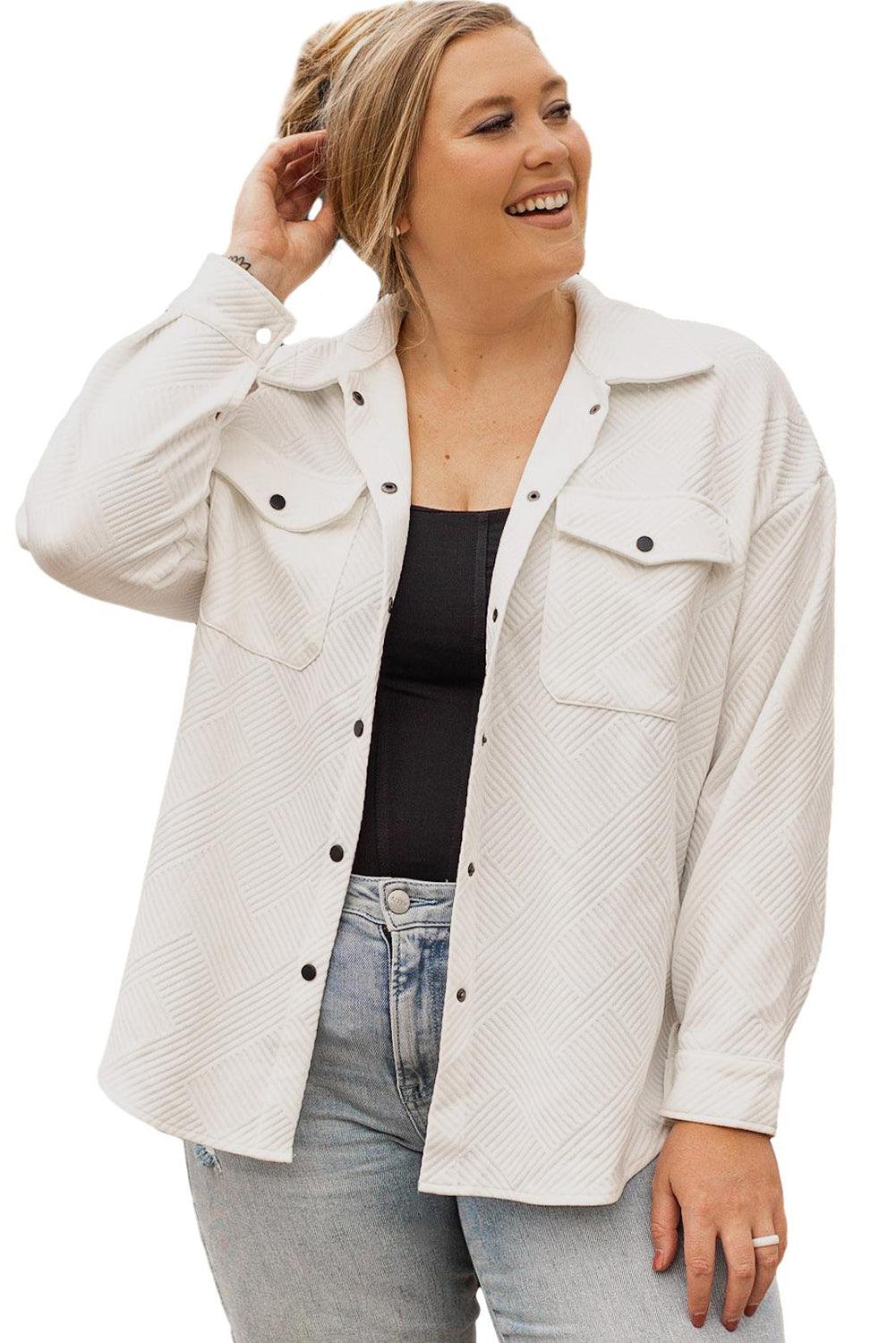 Beige Plus Size Textured Flap Pockets Jacket - L & M Kee, LLC