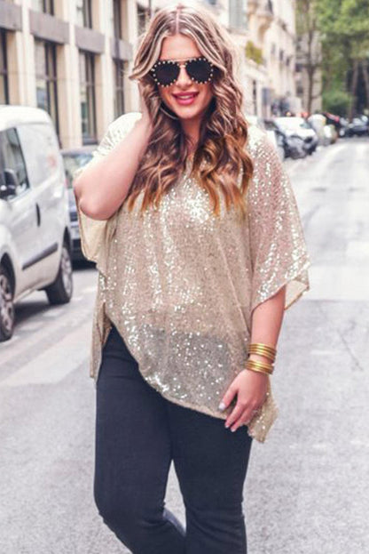 Apricot Plus Size Sequined V Neck Boxy Top - L & M Kee, LLC