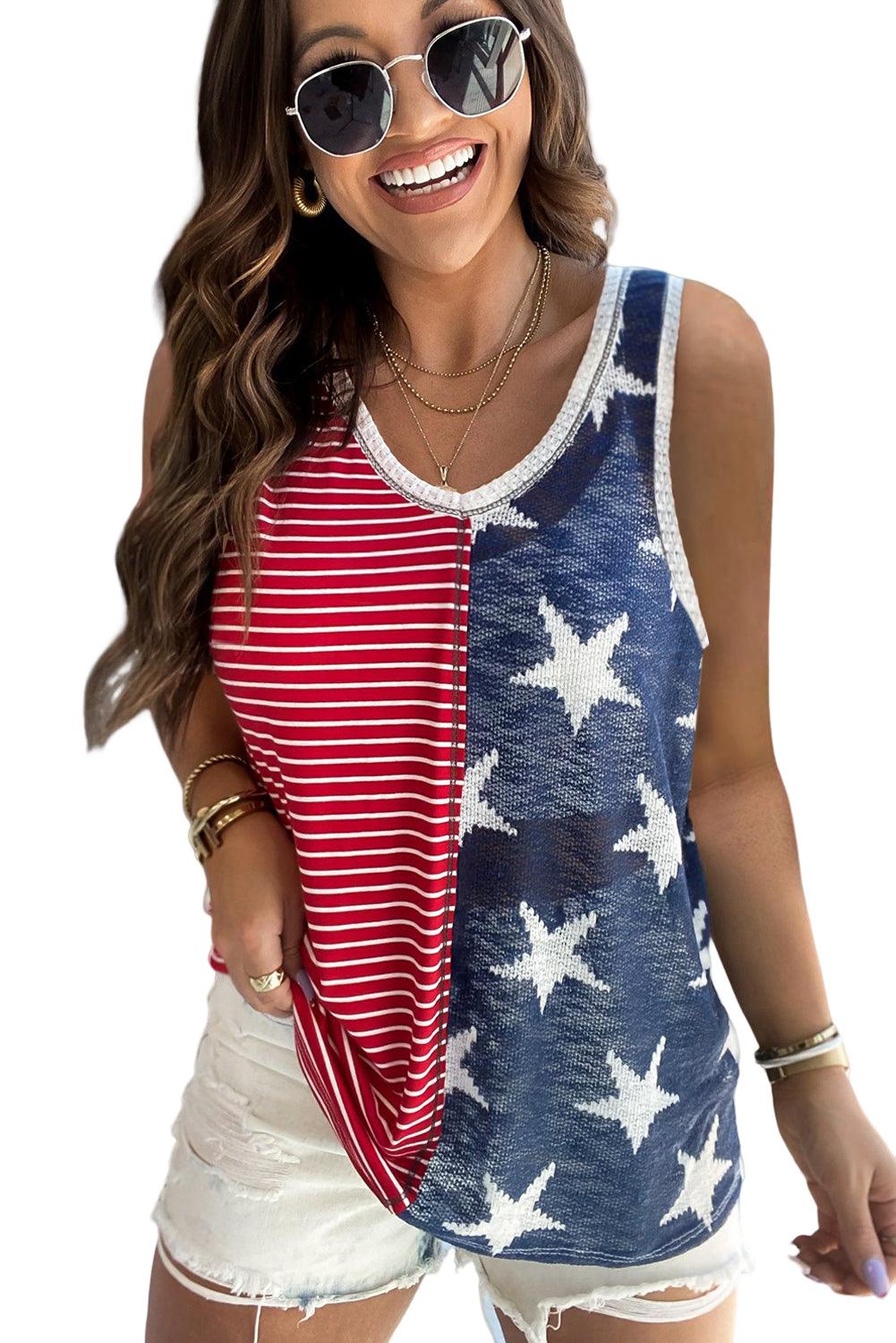 Multicolor Stripes Stars Print Knit Short Sleeves Top - L & M Kee, LLC