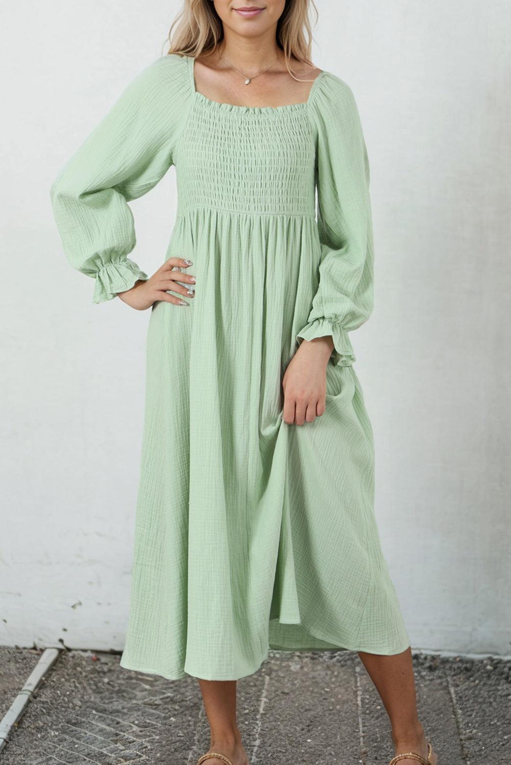 Green Smoked Flounce Sleeve Textured Empire Waist Dress - L & M Kee, LLC