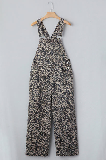 Brown Leopard Print Straight Leg Loose Denim Overall Jumpsuit