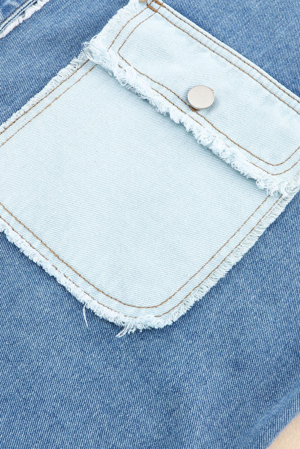 Blue Color Block Frayed Patchwork Oversize Denim Jacket - L & M Kee, LLC