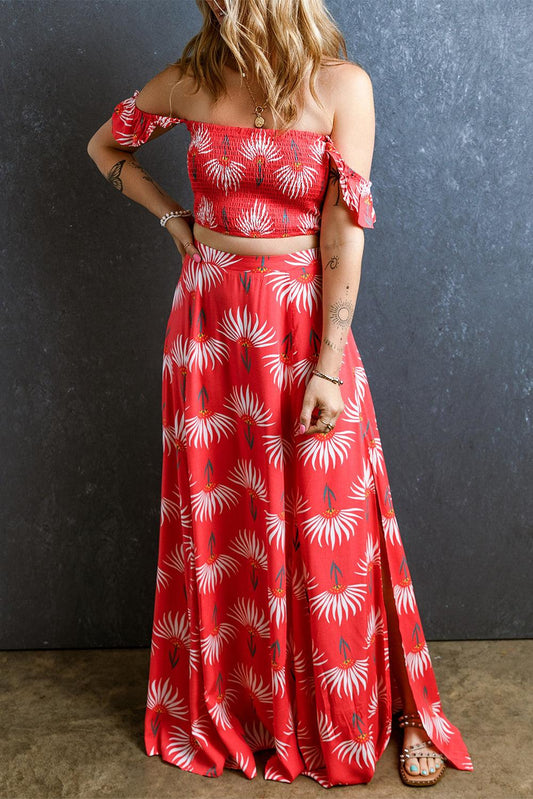 Red Floral Shirred Off Shoulder Crop Top and Slit Maxi Skirt Set - L & M Kee, LLC