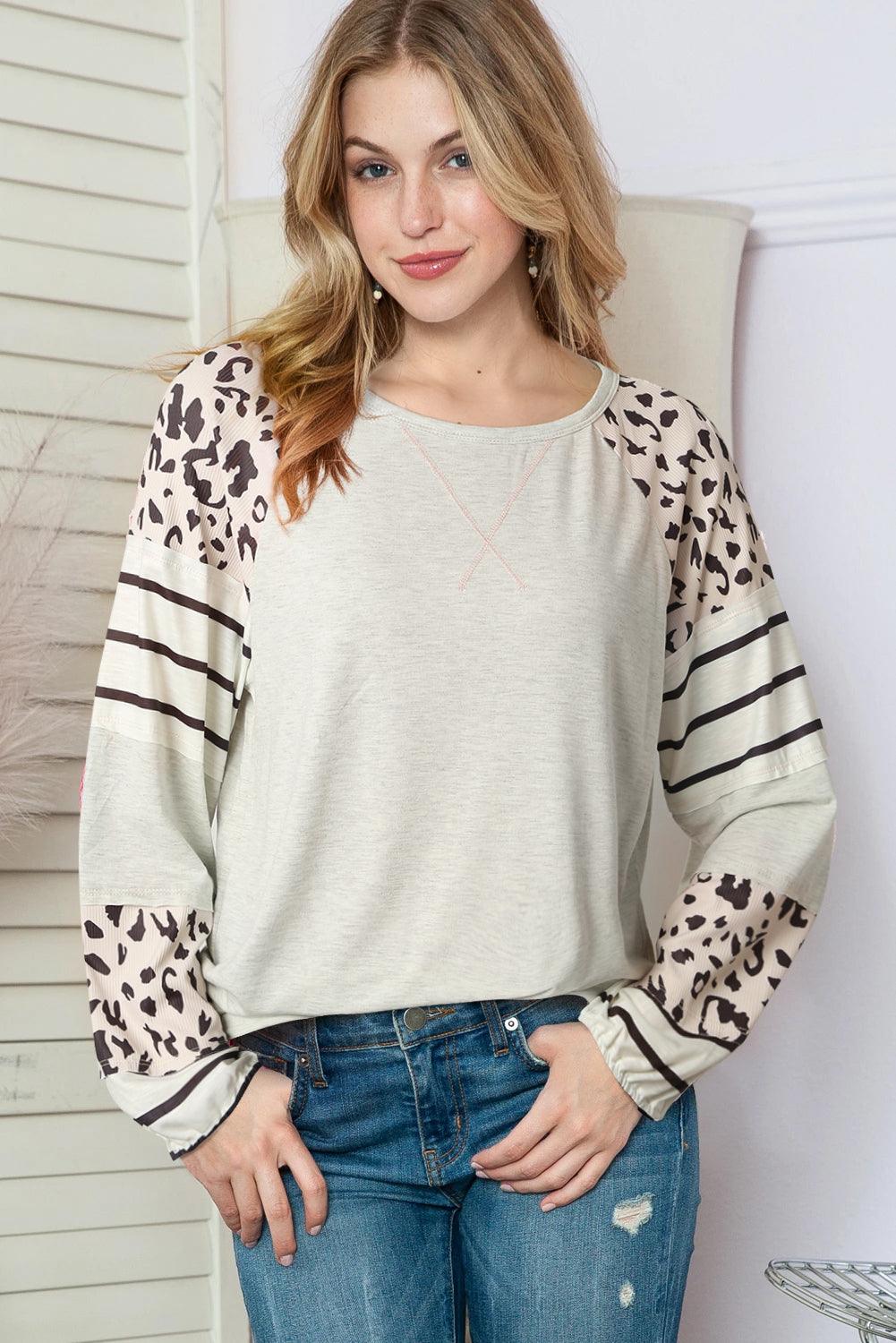 Gray Leopard Striped Raglan Sleeve Pullover - L & M Kee, LLC